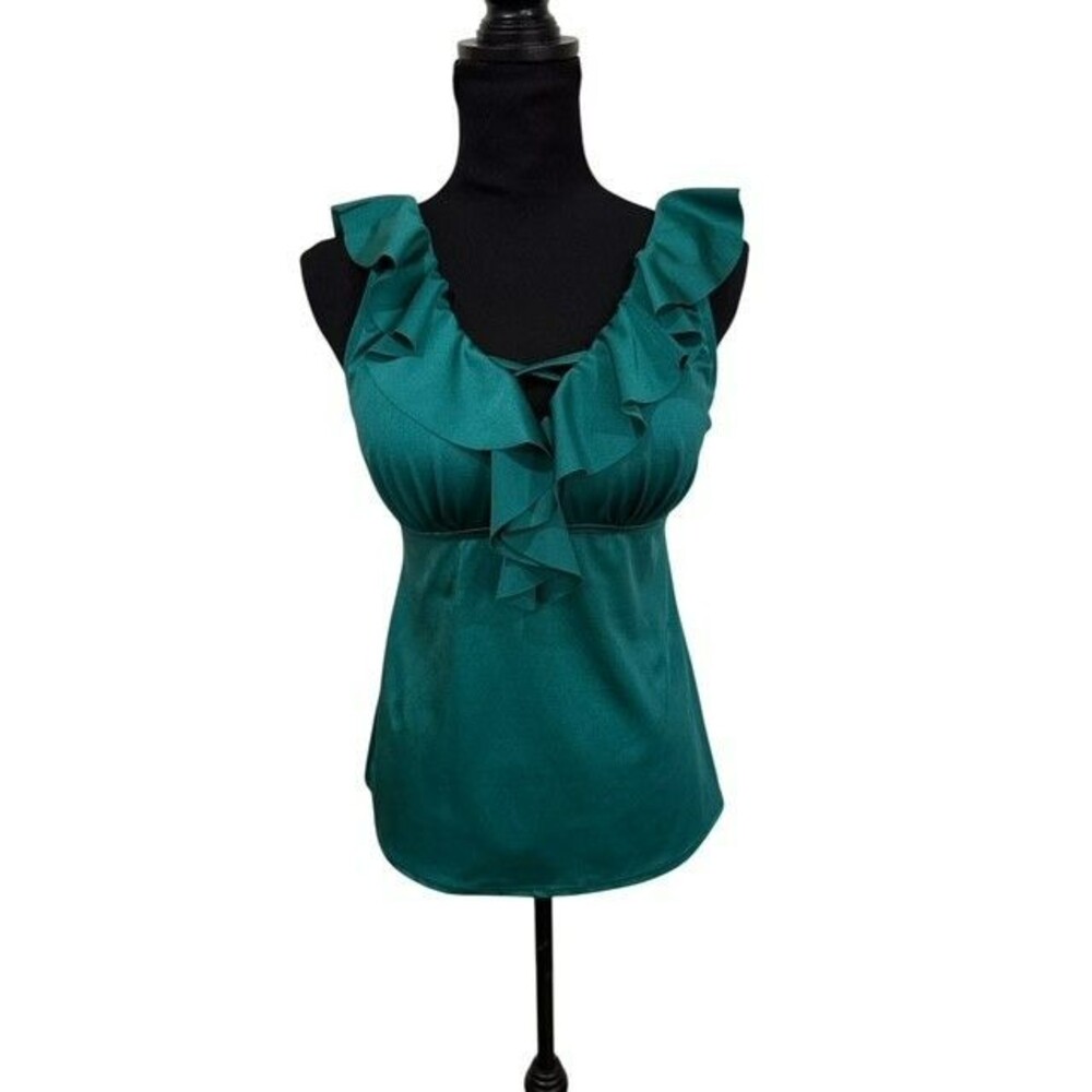 Womens Tankini Top only Size Large Green Solid Ruffle Neckline Deep V Empire